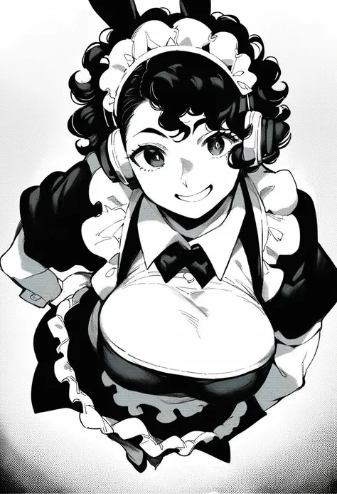 source_anime,score_9, score_8_up,score_7_up, masterpiece, 1girl, solo
curly hair, headphones, bunny ears, maid outfit, maid headdress, smile, big breasts, holding cloche, high angle view,
monochrome, greyscale, black and white illustration, manga, halftone...