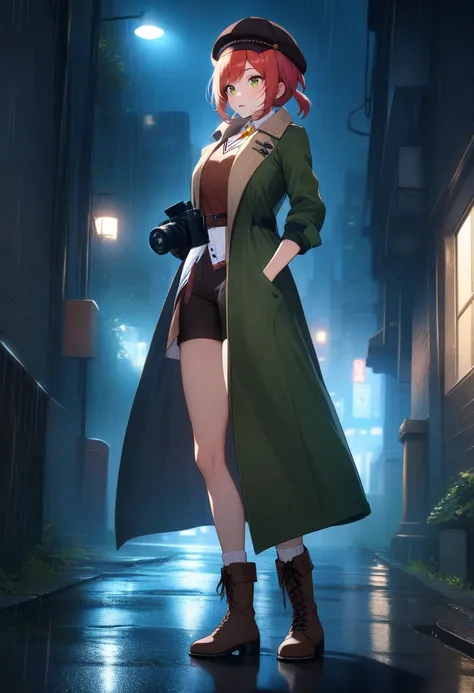 green eyes,1 girl,Akari-outfit1,looking down,black gloves,<lora:Akari2V2:1>,backlighting,
night,skyscraper,shadow,outdoors,streetlight,collarstone,alley,rain,full body,
(black  long trench overcoat:1.4),high collar,boots,mouth hold,cigarette,camera,three q...