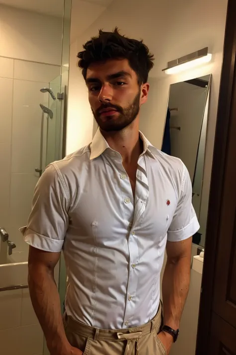 (masterpiece, best quality:1.2), man, solo, photo of person,, 1guy, medium hair, taking mirror selfie, (((dress shirt))), shorts,(depth of field:1.1), at the bathroom, masterpiece, highness, perfect face, perfect picture, detailed eyes, sharp focus<lora:EM...