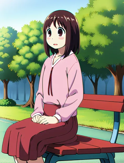 ayumu kasuga  <lora:ayumu:1> 1girl, outside, bench, sitting