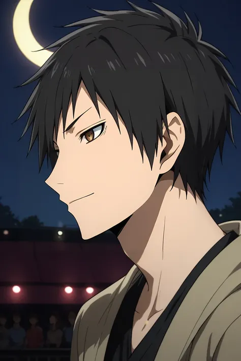 score_9, score_8_up, score_7_up, source_anime, rating_safe, , , looking at viewer, , 1boy, solo, male focus, <lora:izaya_orihara_pony:0.92>, izaya_orihara, black hair, brown eyes, profile, concert, night, crescent moon, arm at side, distracted, aloof, obli...