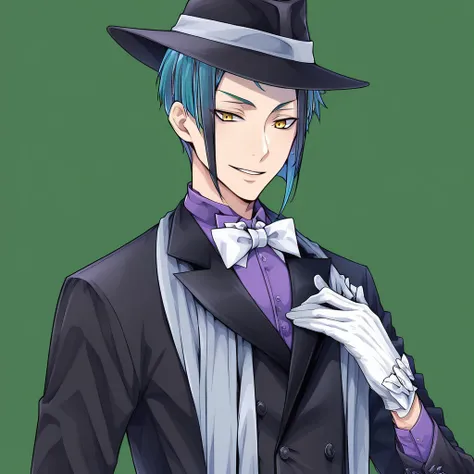 white bow, 1boy, multicolored hair, Jade leech, gloves, Turquoise hair, streaked hair, purple shirt, hat, bow, yellow eyes, solo