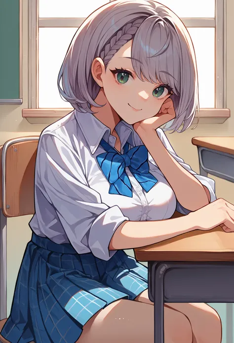 score_9, score_8_up, source_anime, 1girl, solo, NoelSchool, medium hair, braid, white shirt, collared shirt, blue bowtie, sleeves rolled up, shirt tucked in, blue skirt, plaid skirt, indoors, classroom, sitting, on chair, desk, arm rest, head rest, smile, ...