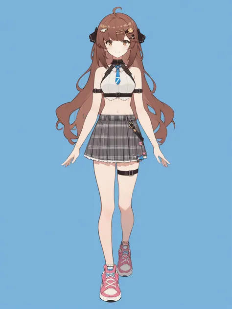 (score_9,score_8_up,score_7_up,),<lora:nana7mi2:0.9>,shoes,skirt,brown hair,brown eyes,full body,smile,long hair,virtual youtuber,bare shoulders,looking at viewer,grey skirt,crop top,ribbon,blue background,simple background,standing,shirt,plaid skirt,pleat...