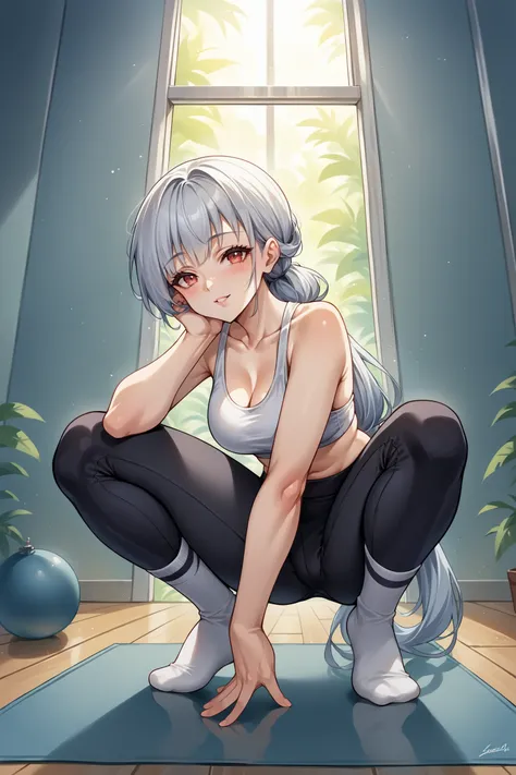 score_9, score_8_up, score_7_up, , rating_general, 1girl ,marsesp, low-tied long hair, low ponytail, sidelocks tied back, white sports bra, yoga pants, white socks, source_anime,  indoors, <lora:MarseillaisePDCAMEq2v1 AL-000008:1> ,  cowboy shot, abstract,...