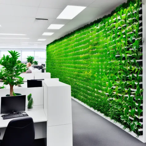 an office with a wall of plants on the wall