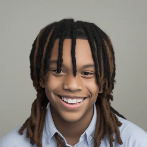 1boy, guy with dreadlocks smiling, collared shirt, looking at viewer