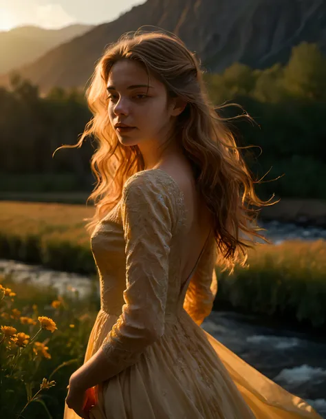 Captured in the frame of this captivating photo, the radiant young woman appeared to be a solitary entity, radiating pure elegance and grace while embracing the golden hues of the setting sun; her lustrous hair flowed freely behind her, like waves upon a r...