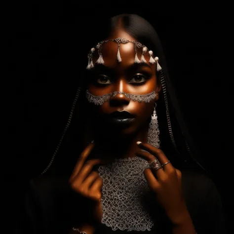 tassel face on her face and a nose ring, kaffa head jewellery and jewelry poses for a photo in front of a black background with her hands on her chest