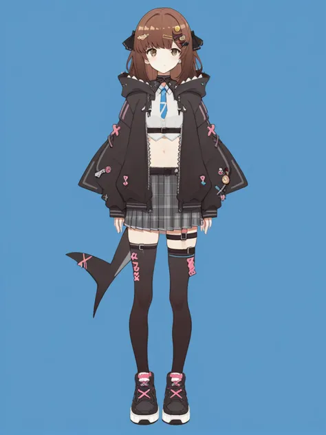 (score_9,score_8_up,score_7_up,),<lora:nana7mi2:0.9>,nanami,thighhighs,brown eyes,brown hair,jacket,full body,blue background,looking at viewer,shark tail,sneakers,navel,hood,white shirt,pleated skirt,plaid skirt,black thighhighs,simple background,standing...