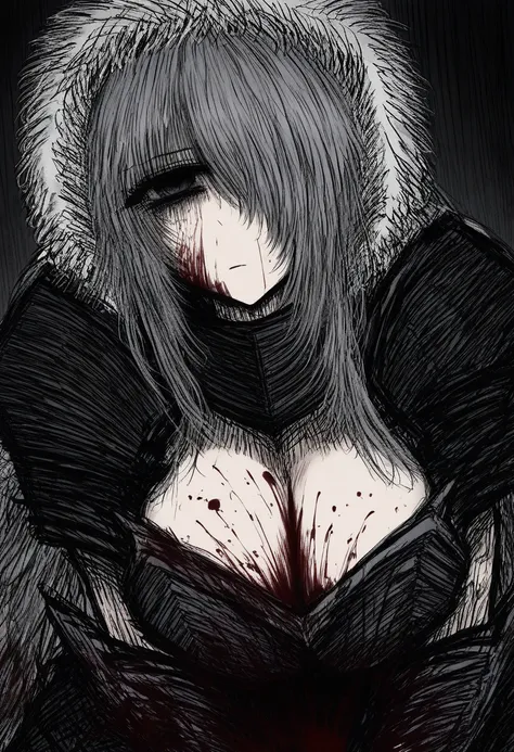 black souls style, <lora:Black_souls_style-000019:1>,girl,grey hair,armor,closed one eye,bloody,big chest