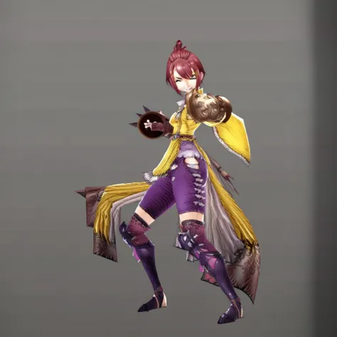 yellow outfit, video game character, etre, relaxed stance, purple accents, yellow and purple outfit, playful action pose, gold and purple outfit