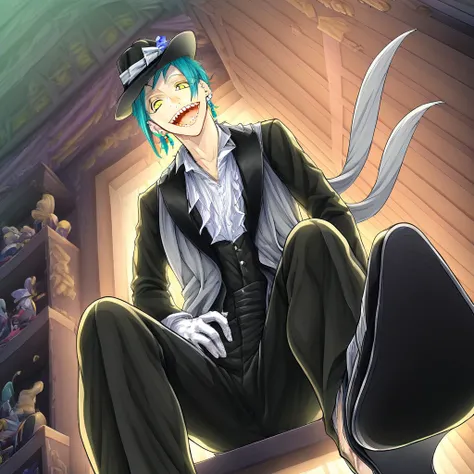 Turquoise hair, left yellow eyes, sharp teeth, from below, Dark yellow right eyes, sitting, teeth, shoe soles, Floyd Leech, white gloves, gloves, hat, earrings