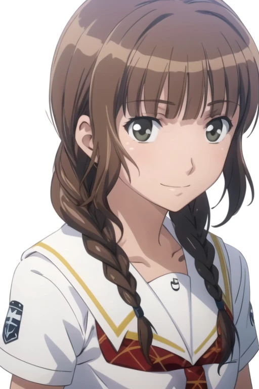 solo, 1girl, looking at viewer, 2D, anime, anime coloring, upper body, (simple background, solid white background:1.3), <lora:mao-kimikiss:0.8>, mao mizusawa, white shirt, school uniform, serafuku, short sleeves, smile