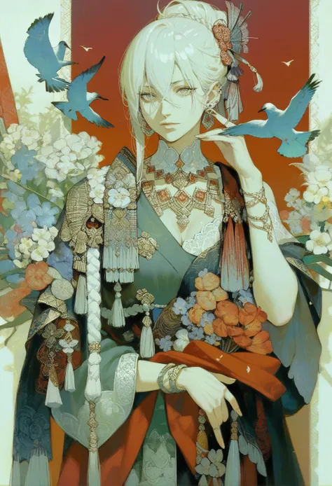 <lora:xdxAKK:0.8>,limited palette,xdx style,1girl,solo,jewelry,earrings,piercing,looking at viewer,hair between eyes,bird,flower,tassel,, score_9,score_8_up,score_7_up,source_anime,