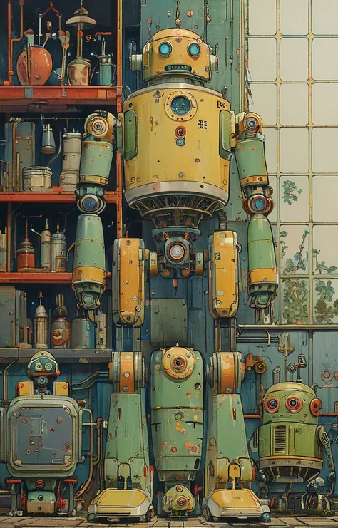 masterpiece,best quality,<lora:tbh166-sdxl:0.9>,illustration,style of Ivan Bilibin, portrait of Housework robots