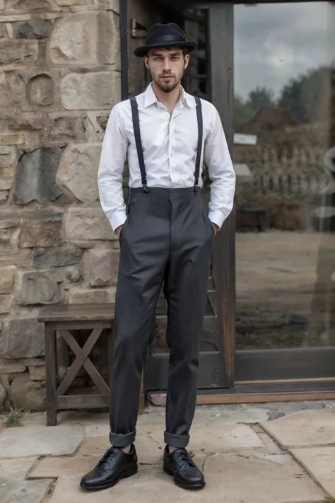 1930s Fashion, professional photo of thin 24yo man with beard in white shirt with suspenders with hat and shoes, 4k, 8k, high quality, perfect lighting, detailed face and detailed eyes, skin detail,  solo focus, photography raw, outside (wood:0.5) and ston...