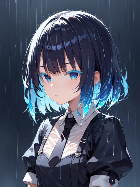 score_9, score_8_up, score_7_up, source_anime, 1girl, young, curvy chest, cute, petite, portrait, hskdmnd, crystal hair, colored eyelashes, multicolored hair, short hair, black shirt, puffy short sleeves, collared shirt, black necktie, white elbow gloves, ...