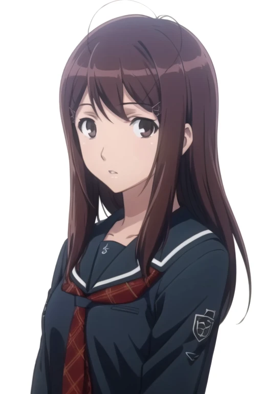 solo, 1girl, looking at viewer, 2D, anime, anime coloring, upper body, (simple background, solid white background:1.3), <lora:yuumi-kimikiss:0.8>, yuumi hoshino, black shirt, school uniform, serafuku, long sleeves, parted lips