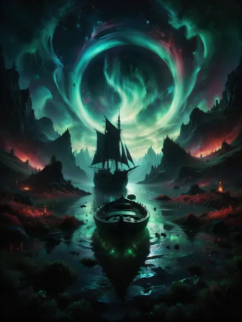 ethereal fantasy concept art of  Dark Moody Atmosphere, Dark Fantasy Art, a boat floating on top of a body of water under a green and red sky filled with aurora lights, Filip Hodas, magical atmosphere, a detailed matte painting, fantasy art, dark, moody, d...