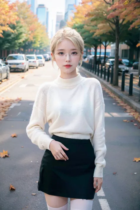 (masterpiece, high quality:1.3), (medium shot:1.4), woman, long hair, (pale skin:1.1), (smirk:0.5), (white knit sweater:1.2), (black canvas skirt:1.3), (white thighhighs:1.1), glasses, eyeglasses, one hand on hip, hand on waist, (autumn, fall colors, leave...