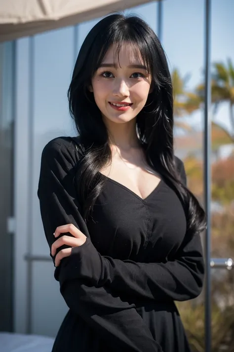 1girl,solo,black hair,smile,looking at viewer,long hair,realistic,bangs,upper body,mole,black eyes,lips,shirt,dress,black dress,long sleeves,
outdoors,looking at viewer,best quality,masterpiece,illustration,Amazing,finely detail,masterpiece,official art,in...