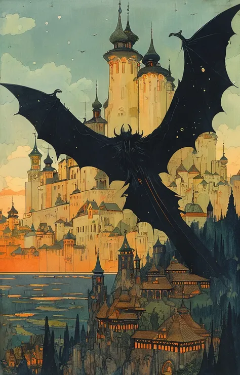 masterpiece,best quality,<lora:tbh166-sdxl:0.9>,illustration,style of Ivan Bilibin, Nazgul over sleeping town