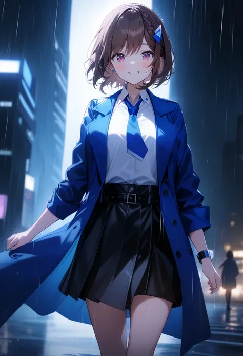 Cocoa-outfit2,looking at viewer,walk,black jacket,smile,blue coat,
night,ctage,cowboy shot,spotlight,<lora:CocoaV3:1>,light,backlighting,skyscraper,shadow,outdoors,rain,, cinematic light,masterpiece,best quality,very aesthetic,absurdres,incredibly absurdre...