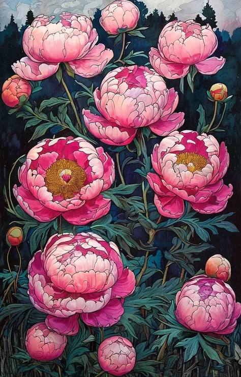 masterpiece,best quality,<lora:tbh166-sdxl:0.9>,illustration,style of Ivan Bilibin, decaying peonies