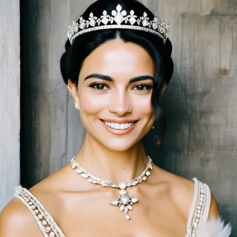 (Skin texture),High quality,Closeup face portrait photo, analog, film grain, actress dressed as a medieval queen with a delicate diamond tiara,regal, bright smile, , kyxsantoro,   <lora:kyrsantoro_juggerX_xl_1_st_wocap_merger_28_50_92-02_03_05-kyxsantoro:1...