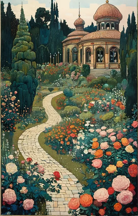 masterpiece,best quality,<lora:tbh166-sdxl:0.9>,illustration,style of Ivan Bilibin, A bottle of perfume in garden