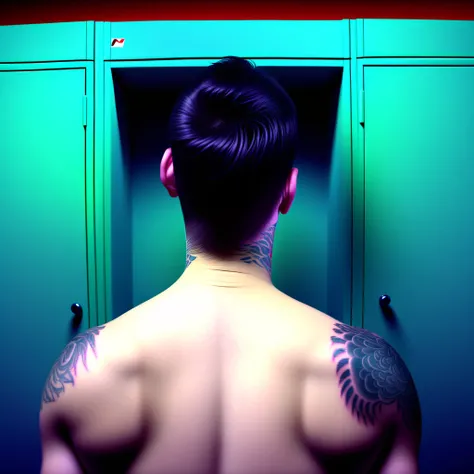 locker, from behind, open clothes, tattoo, hood, male focus, realistic, smile