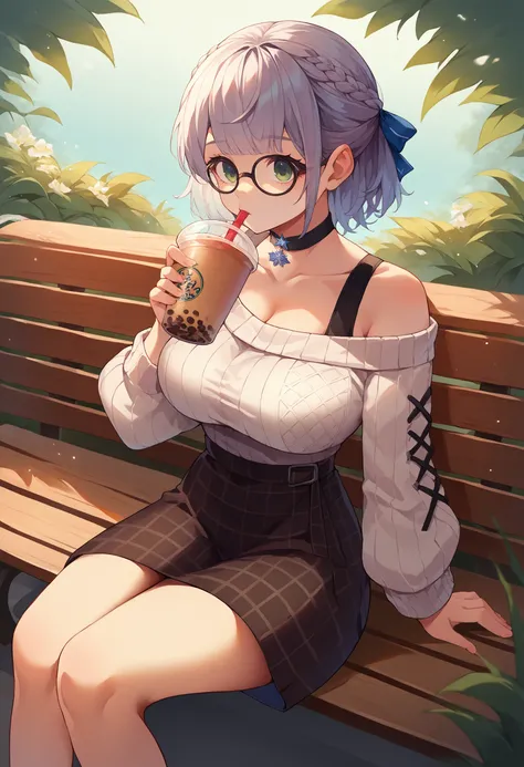 score_9, score_8_up, source_anime, 1girl, solo, NoelCasual, medium hair, french braids, glasses, blue hair ribbons, black choker, white sweater, ribbed sweater, off-shoulder, plaid skirt, high-waist skirt, outdoors, sitting, on bench, drinking, sipping, st...