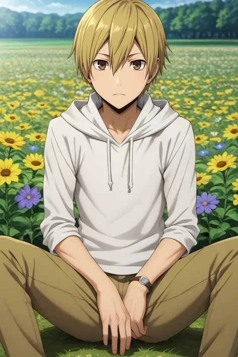 score_9, score_8_up, score_7_up, source_anime, rating_safe, , semi-realistic, looking at viewer, , 1boy, solo, male focus, <lora:masaomi_kida_pony:0.82>, masaomi_kida, blonde hair, brown eyes, short hair, hair between eyes, asymmetrical, flower field, flow...