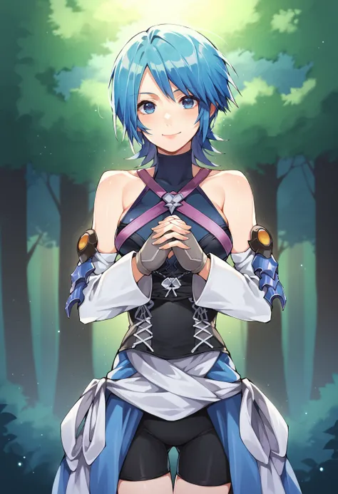 score_9,score_8_up,score_7_up,source_anime BREAK <lora:Aqua_Kingdom_Hearts:0.9>,high detail,good hands,perfect hands,1girl,solo,aqua (kingdom hearts),(own hands together:1.1),blue hair,detached sleeves,short hair,bare shoulders,halterneck,criss-cross strap...