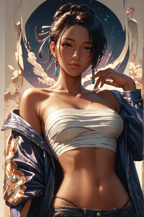 score_9, score_8_up, score_7_up, score_6_up, score_5_up, score_4_up,1girl, dark_skin, sarashi,  <lora:Sarashi:0.99> navel, bare_shoulders, open_jacket, , (high quality, detailed, beautiful)