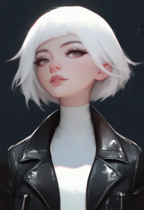 <lora:alexchow:0.9> score_9, score_8_up, score_7_up, 1girl, solo, perfect face, cute face, black eyeliner, long eyelashes, [red eyes:0.7], white asymmetric bob hair, wearing leather jacket, white shirt, slim, upper body, city black background