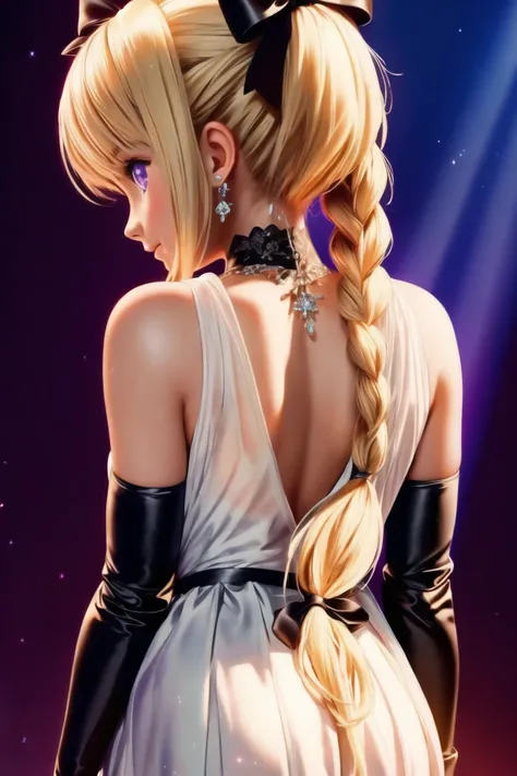 (masterpiece),best quality,anime screencap,anime coloring,anime style,1girl,long hair,solo,braid,blonde hair,gloves,jeanne darc (fate),back tattoo,white gloves,elbow gloves,breasts,dress,tattoo,earrings,jewelry,bow,backless outfit,jeanne darc (ruler) (fate...