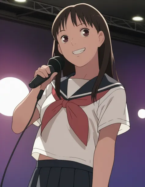 score_9,  score_8_up, score_7_up, source_anime, <lora:izumi-maho-koyuki-ponyxl:1> ishiguroizumi, serafuku,
1girl, looking at viewer, grin, holding microphone, stage