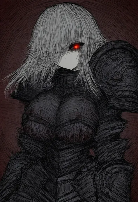 black souls style, <lora:Black_souls_style-000019:1>,girl,grey hair,armor,closed one eye,big chest,glowing eye,