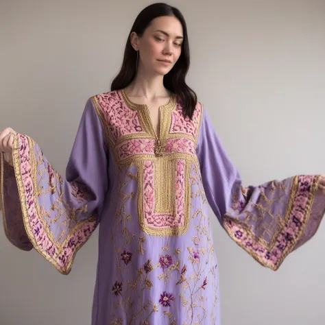 a woman in a blue and gold embroidered dress standing in front of an oriental patterned rug, a purple and pink tunic dress with floral embroidery on the neckline and sleeve cuff