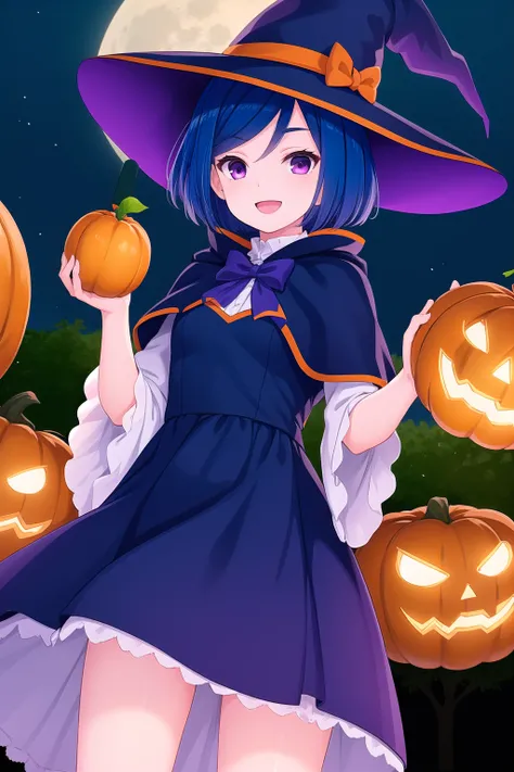 (masterpiece, best quality), highly detailed background, perfect lightingbest quality, akasegawamaki, solo, outdoors, full moon, halloween, witch, witch hat, black headwear, blue hair, swept bangs, bob cut, short hair, purple eyes, small breasts, blue cape...