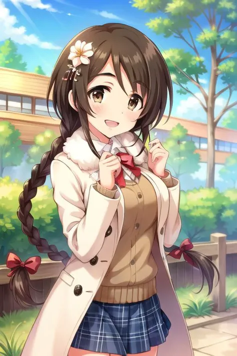 (masterpiece),aihara yukino, brown hair, braid, long hair, brown eyes, 1girl, hair ornament, smile, skirt, open mouth, coat, hair flower, flower, outdoors