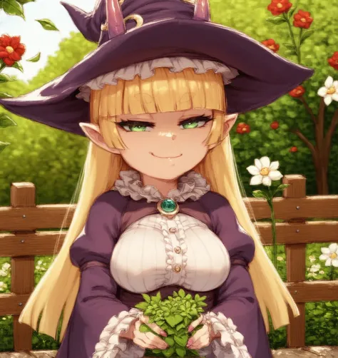 score_9, score_8_up, score_7_up, score_6_up, Detailed Background, BREAK
 <lora:Suki:0.7> suki, 1girl, pointy ears, long hair, blonde, green eyes, breasts, horns, blunt bangs, young, BREAK
Frills, witch hat, smile, smug, garden, flowers, fence, bench,