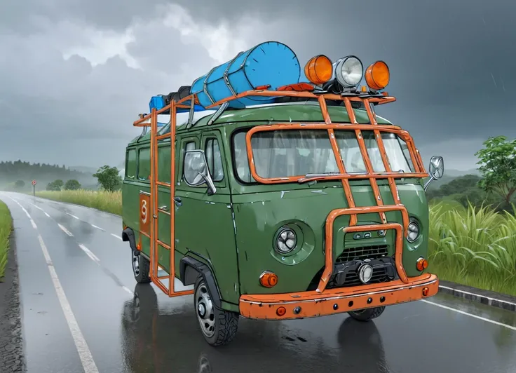 obc21 Van <lora:21_vehicle_obc21:1.0> on a road, 
outside, fascinating,
nature at background, professional, realistic, high quality,
Light rain and overcast, <lora:general_vehicle:-0.10>