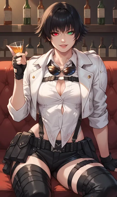 score_9, score_8_up, score_7_up, score_6_up, source_anime, BREAK masterpiece, LadyDMC5, cropped jacket, white shirt, fingerless gloves, eyewear around neck, thigh cutout, thigh gap, short hair,heterochromia, green eyes, red eyes,smile, lips, parted lips, b...