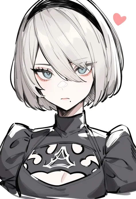 <lora:2b_a3:1>,, dress, black_dress, mole, white_background, upper_body, heart, simple_background, looking_at_viewer, breasts, 1girl, mole_under_mouth, expressionless, 2b_(nier:automata), sketch, small_breasts, solo