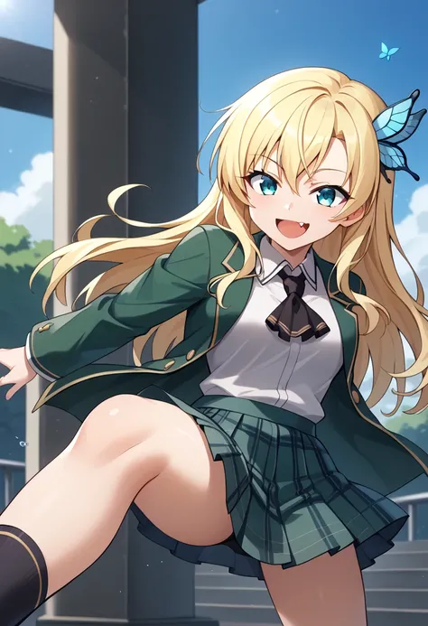 score_9, score_8_up, score_7_up, score_6_up,source_anime, BREAK, Sena, 1girl, blonde hair, aqua eyes, butterfly hair ornament,long hair, black ascot, fang open mouth, smile, st. chronica academy school uniform, green jacket, green skirt, plaid skirt, pleat...