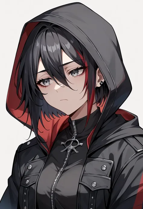 (score_9, score_8_up, score_7_up, score_6_up, source_anime),goth, black hair, red streak, grey eyes, black jacket, upper body, cropped torso, hood up, bored, tired,