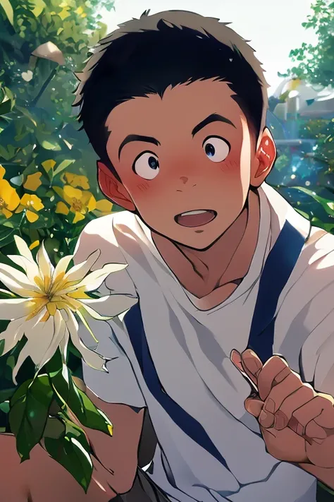 anime artwork, master piece, best quality, BREAK 1boy, solo,
taniguchi, outdoor, (holding flower:1.3)  In the garden, white shirt, clean, ((male short hair)),((boys short hair)), ((very short hair)), black hair, black eyes, 
<lora:taniguchiSD:1.5>